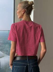 Strévra Maglietta da donna a righe, con collo a girocollo, manica corta, linea ampia