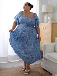 Pretty and Ole Robe d'été boho pour femme avec col carré boutonné, imprimé floral délicat, grande taille - Bleu azur - Voir 10