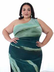 Pretty and Ole 大码夏季扎染印花连衣裙，不对称领口，褶皱腰部和侧开衩长款女装 - 彩色 - 查看 11