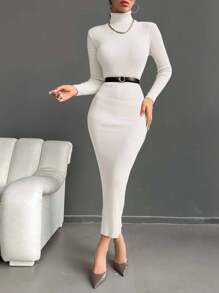 EURMUSE Turtleneck Ribbed Knit Sweater Dress Without Belt - White - View 3