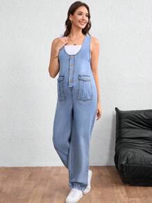 SHEIN 孕妇纽扣式半开襟工装口袋休闲牛仔背带裤连体裤女式工装裤女式牛仔连体裤