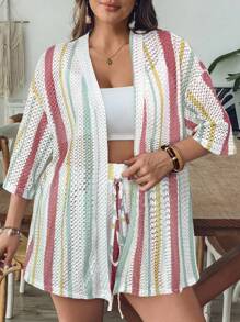 SHEIN VCAY 大码女式蓝白条纹衬衫和短裤针织两件套，夏季假日 - 彩色 - 查看 5