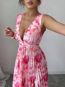 Elenzga 无袖 V 领腰部镂空 A 字形荷叶边花卉优雅浪漫女士连衣裙 - 彩色 - 查看 3