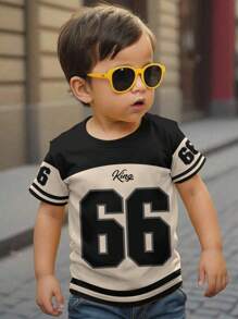 Camiseta de manga corta y cuello redondo con estilo deportivo de béisbol clásico y de moda casual para niño, con bloques de color, parcheado y estampados de N.66 y Rey, cómodo para el verano