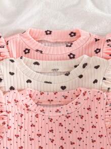SHEIN 3pcs/Set Baby Girl Soft And Comfortable Skin-Friendly Allover Ruffled Cuff Allover Print Long Sleeve Baby Girl Clothes