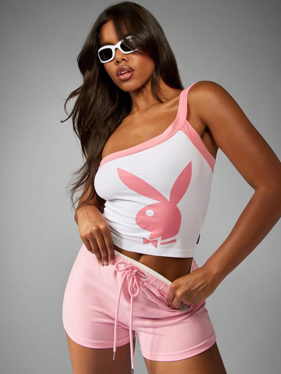 Missguided x Playboy 兔耳单肩露脐上衣 时尚夏季吊带背心 无袖修身复古街头风上衣 - 彩色 - 查看 1