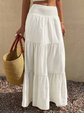 DAZY Falda acampanada de verano para mujer con volantes en el bajo, de color liso y textura, estilo bohemio