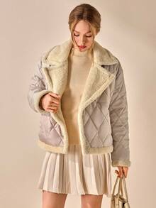 CLARA VERO Women Color Block Front Button Placket Sleeveless Pockets Casual Padded Coat Fashionable Casual Geometric Quilted Long Sleeve Jacket With Pockets - Beige - View 6