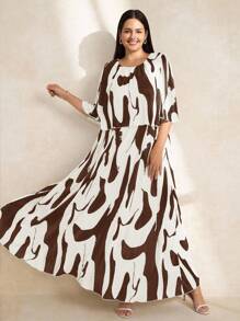 Chikora Vestido de verano de gasa con fruncido y estampado geométrico elegante para mujer de talla grande - Marrón - Ver 8