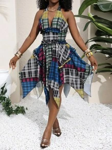 Slaydiva 2025 Spring/Summer New Casual Sexy Street-Style Patchwork Print Deep V Neck Tie Strap Ruffle Asymmetric Hem Women's Mini Dress, Suitable For Music Festivals, Easter, Western, Boho, Birthday Parties, Graduation Ceremonies, Students, Everyday, Versatile, Casual, Vacation, Cruise, Beach, Sunbathing, Online , Minimalist, Streetwear, Sexy