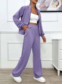 EURMUSE TWO PIECES TWO THREAD LIGHT GREY HOODIE SWEATSHIRT AND SWEATPANT WITH SPARKLE STONE DETAIL - Lilac Purple - View 5