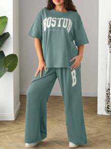 RueChic Conjunto de dos piezas informal y cómodo de camiseta y pantalones de mujer, 100% algodón, con bordado de Boston