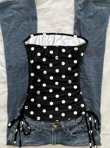 Attitoon Casual Vintage Black & White Polka Dot Full Print Women's Gathered Tie Front Cropped Tube Top , Suitable For Summer, Music Festivals, Pop & Boho Style Goth Suitable For Going Out
