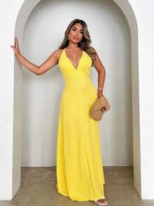 SHEIN LUNE Damen Sommerkleid mit Trägern und Rückenausschnitt, Einfarbig, lässiger Stil - Gelb - Übersicht 4