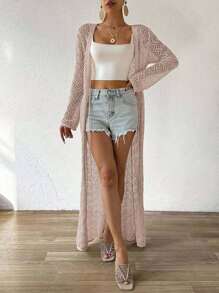 Breezaya Áo len cardigan dài tay khoét lỗ màu trơn cho nữ, trang phục đi nghỉ - Hồng - Xem 4