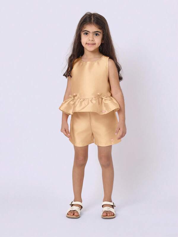 SUMWON Kids Summer Peplum Co-Ord Set Elegant Ruffle Top With Bow Details Satin Finish Party Outfit