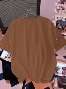 Franclia 夏季时尚圆领仿珍珠装饰白色短袖T恤，夏季美拉德风格上衣，适合大学穿着的棕色夏季服装 - 咖啡棕 - 查看 2
