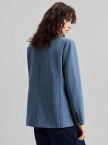 Ontre Estilo Estocolmo, Atuendos para maestras para mujeres, Ropa de mujer para el otoño, Nuevo lanzamiento 2025 Chaqueta con solapa plegable asimétrica de tela a rayas, Blazer de traje de mujer, Ropa de abrigo casual para primavera/verano - Azul - Ver 7