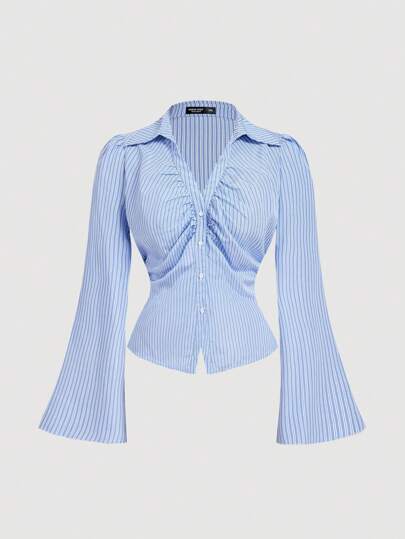 SHEIN MOD Plus Size Women Blue & White Striped Waist Fit Bell Sleeve Shirt Summer Work, Elegant Business Shirt, Waisted Shirt Versatile Top, Blue And White Striped Lapel Shirt,Fall Clothes For Women