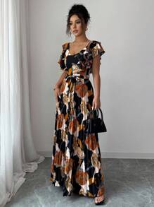 Elenzga Halloween V-Neck Digital Print Vacation Style Ruffle Waist A-Line Elegant Romantic Women Dress