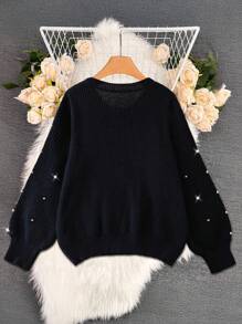 DreamSkyne 女士纯色珍珠圆领休闲针织套头衫 - 藏蓝色 - 查看 2