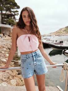 Nöista 柔美露背上衣，正面饰有大蝴蝶结和锁孔镂空设计。短款廓形，柔软纹理面料，完美契合温暖天气或层叠造型。大胆而不失优雅。 - 藕粉色 - 查看 5