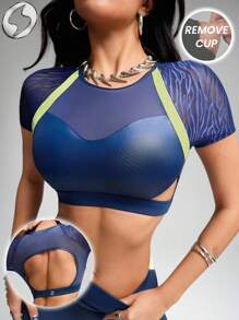 Innovista Innovista Women's Navy Summer Athleisure Gym Crop Top,Contrast Stitching Color Block Backless Sports Shirts,Breathable Mesh Shiny Foil Workout Athletic Clothes - Multicolor - View 2