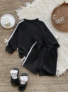 SHEIN 2 件套婴儿/女婴 0-3 岁休闲日常运动外出长袖 T 恤运动衫 + 短裤套装 - 黑色 - 查看 2