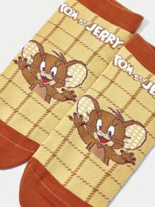 TOM & JERRY X SHEIN 1双女士格子卡通图案时尚可爱短袜 - 黃色 - 查看 2