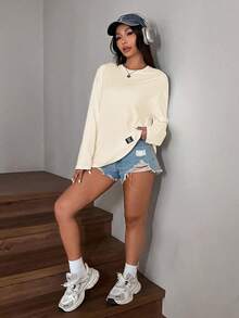 SHEIN EZwear Women's Knitted Fabric Apricot Letter Patched Casual Long Sleeve Crop T-Shirt With Round Neck Comfy Tops Long T Shirt For Women Underscrub Long Sleeve - Apricot - View 6