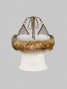 ROMWE J-Fashion Y2K 复古原宿毛茸茸拼接豹纹露背女式短款上衣 - 米色 - 查看 2