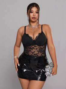 SHEIN LUNE 春夏季大码女式性感蕾丝紧身衣 - 黑色 - 查看 5