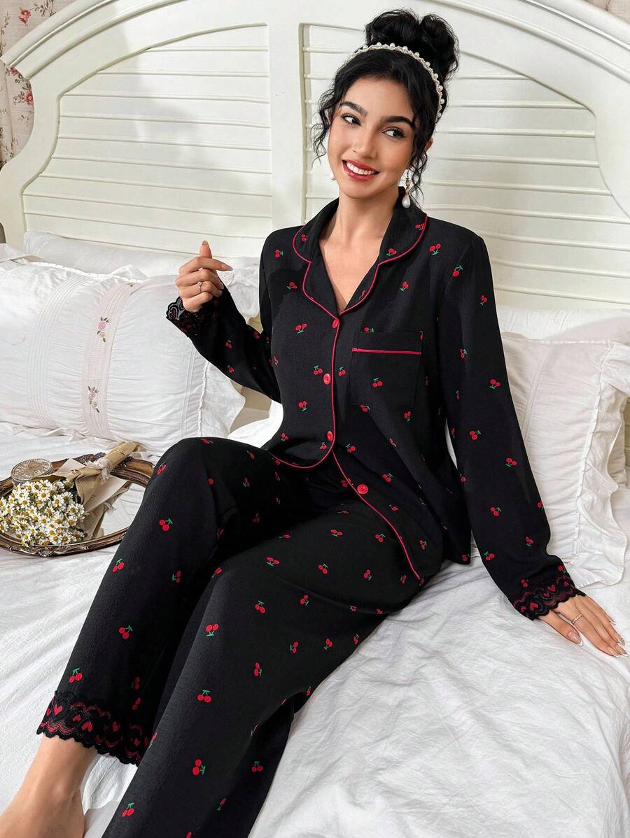 CottageSlumber Black Long Sleeve PJS With Pockets And Playful Cherry Design For Relaxed Nights Cherry PJS Black Pj Set Women PJS With Lace Button Up PJS Women - Black - View 1