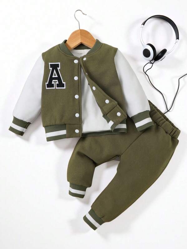 SHEIN Playful Pals 2pcs Baby Boy Casual Daily Versatile Sports Simplistic Letter Print Jacket And Pants Set, Suitable For Outdoor Wear