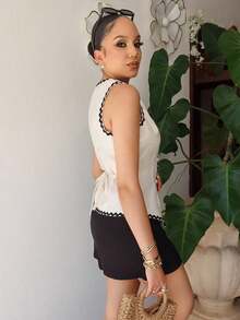 Melissa Matos Women's Elegant Contrast Color Lace Patchwork Waist Cardigan Vest