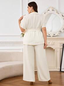 Modelyn Conjunto de traje de talla grande, chaqueta y pantalones de unicolor - Albaricoque - Ver 3