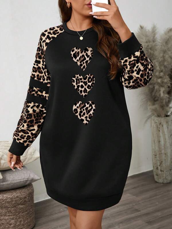 SHEIN LUNE Hanorac casual minimalist cu mâneci raglan cu imprimeu inimă și leopard de mărime mare, potrivit pentru toamnă/iarnă