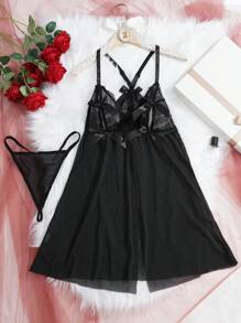 Spicy Aura 2 Peças Conjunto de Camisola Sexy Feminina com Renda e Tela Contrastante + Tanga Fio Dental - Preto - Visão 1