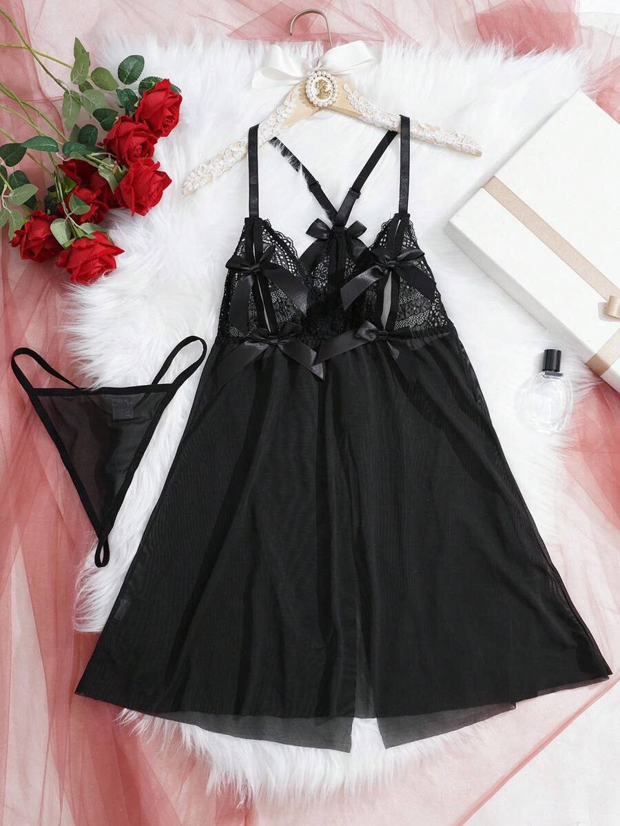 Spicy Aura 2 Peças Conjunto de Camisola Sexy Feminina com Renda e Tela Contrastante + Tanga Fio Dental - Preto - Visão 1