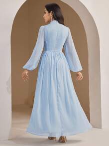 Veilorie Vestido de mujer de manga larga elegante con cuello alto, parche de malla y unicolor - Azul - Ver 7