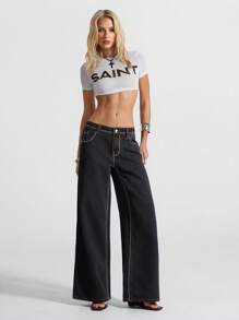 Jeanoix 女士宽松休闲高腰阔腿牛仔裤，带口袋