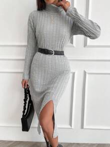 EURMUSE Split Hem High Neck Sweater Dress With Drop Shoulder Sleeves, Belt Not Included - Grey - View 5