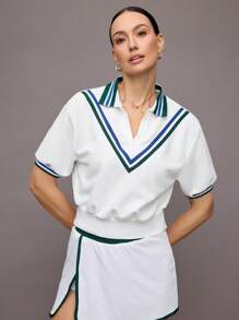 Activina 女士条纹短款泡泡袖休闲运动 Polo 衫