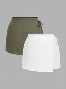 Comfortcana 大码女式纯色不对称下摆扭腰裙裤，夏季，度假，欧洲夏季，乡村，海滩，100% 纯棉，裹身裙，夏季，学校，绿白相间，早午餐，老钱风格女装 - 彩色 - 查看 4