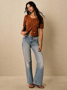 Poéselle Elegant Floral Embroidered Button-Up Short Sleeve Knit Top - Brown - View 1