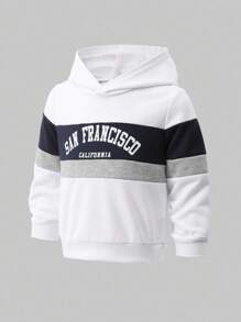 SHEIN 1 pieza Sudadera con capucha informal y cómoda con estampado de letras para niño, diseño de estampado de letras alegre, adecuado para salidas, deportes al aire libre, vuelta al colegio, otoño/invierno