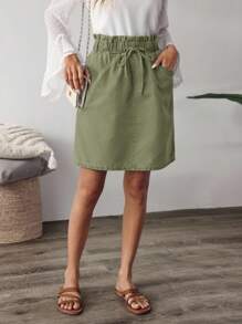 EMERY ROSE Women's Casual Solid Color Drawstring Waist Paper Bag Pocket Straight Denim Skirt, Summer