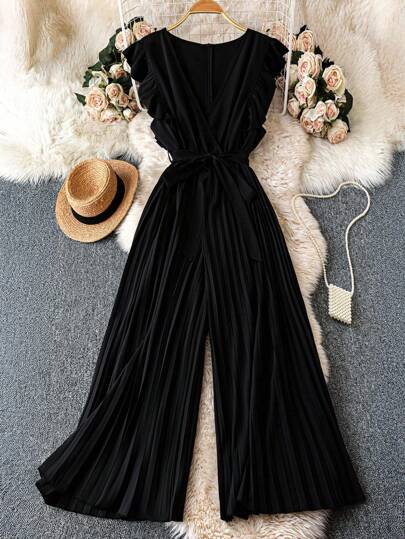 DreamSkyne 加大码V领高腰飞袖纯色优雅夏季女装商务休闲女式连体裤