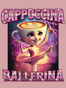 女式超大卡布奇诺芭蕾舞女演员 T 恤，卡布奇诺脑腐模因女式休闲简约可爱卡通小众模因图案圆领短袖