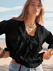 Aralina 荷叶边 V 领长袖前系带衬衫 - 黑色 - 查看 9